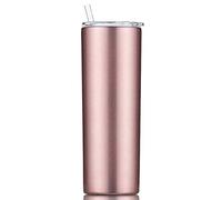 Gteller - Gobelet fin à double paroi en acier inoxydable 18/8 avec paille et couvercle, tasse de voyage isotherme pour garder les boissons froides et chaudes (or rose, 570 ml)
