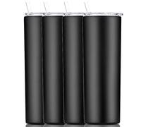 Gteller Lot de 4 gobelets fins à double paroi en acier inoxydable 18/8 avec paille et couvercle, tasse de voyage isotherme pour garder les boissons froides et chaudes (noir, lot de 4, 591 ml)
