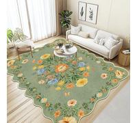 GthreeD Tapis bohème, lavable, 160 x 230 cm, grand tapis de salon, à poils courts, design vintage oriental, doux, antidérapant, pour chambre à coucher, salle à manger, cuisine, bord ondulé, vert