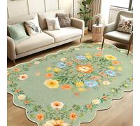 GthreeD Tapis de salon, lavable, 120 x 160 cm, style bohème, à poils courts, style oriental et vintage, doux, antidérapant, pour chambre à coucher, salle à manger, bord ondulé, vert floral