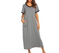 GTHTTT Chemise de Nuit Femme Col V Manches Courtes Nuisette T Shirt Long Robe avec Poches Doux à Porter et Confortable Vêtement de Nuit,Gris,XXL