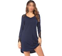 GTHTTT Chemise de Nuit Femme Manches Longues Pyjama Bouton Ouvert Devant Col V T Shirt Nuisette Casuel Vêtement de Nuit,Marine,S