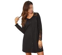 GTHTTT Chemise de Nuit Femme Manches Longues Pyjama Bouton Ouvert Devant Col V T Shirt Nuisette Casuel Vêtement de Nuit,Noir,S