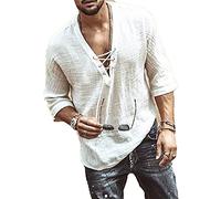 GTHTTT Tee T-Shirt Homme Col en V Rétro À Lacets Couleur Unie Coton De Lin Mid-Manches Casual Lâche Chemise Yoga Hauts Džcontractžs,Blanc,S