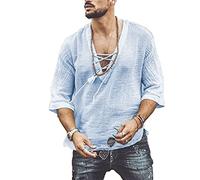 GTHTTT Tee T-Shirt Homme Col en V Rétro À Lacets Couleur Unie Coton De Lin Mid-Manches Casual Lâche Chemise Yoga Hauts Džcontractžs,Bleu,XL