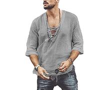 GTHTTT Tee T-Shirt Homme Col en V Rétro À Lacets Couleur Unie Coton De Lin Mid-Manches Casual Lâche Chemise Yoga Hauts Džcontractžs,Gris,XL