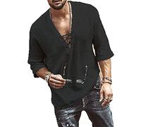 GTHTTT Tee T-Shirt Homme Col en V Rétro À Lacets Couleur Unie Coton De Lin Mid-Manches Casual Lâche Chemise Yoga Hauts Džcontractžs,Noir,M