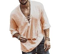 GTHTTT Tee T-Shirt Homme Col en V Rétro À Lacets Couleur Unie Coton De Lin Mid-Manches Casual Lâche Chemise Yoga Hauts Džcontractžs,Apricot,XXL