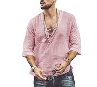 GTHTTT Tee T-Shirt Homme Col en V Rétro À Lacets Couleur Unie Coton De Lin Mid-Manches Casual Lâche Chemise Yoga Hauts Džcontractžs,Rose,M