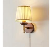 GTHTUHFD Applique Murale Rétro Nordique Dorée - Lampe De Chevet De Style Américain avec Base en Bois De Noyer Et Abat-Jour Plissé en Tissu, Interrupteur À Chaînette Pou,B-One Color