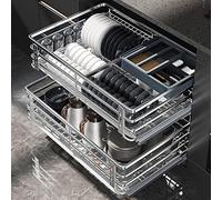 GTHTUHFD Armoire Coulissante À 2 Niveaux, Panier De Rangement Robuste en Fil d'acier Inoxydable pour Garde-Manger sous Armoire, Étagère Coulissante,Silver-54W*47D*12.5H