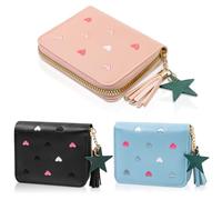 GTILE Lot de 3 petits portefeuilles en cuir synthétique pour femme avec fermeture éclair, joli porte-monnaie fin avec pendentif étoile, portefeuille de couleur unie avec emplacements pour cartes
