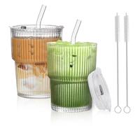 GTJEOI 2 Pièces Verre à Eau avec Couvercle et Paille, 450 ml Gobelets à Smoothie en Verre, Verr-e Strié avec Design Étanche, Tasses à Café Glacé avec Paille, pour Cola, Jus de Fruits, Lait