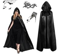GTJEOI Cape à Capuchon Adulte, Cape à Capuche Noire Satin avec Masques y Bracelet, Halloween Cape à Capuche Vampire, Cape Vampire pour Halloween Carnaval et Les Fêtes