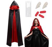 GTJEOI Cape de Vampire d'Halloween, 150 CM Vampire Capuche Cape Réversible Noire Rouge, Costume Vampire Adulte avec Dents de Vampire et Faux Sang, Deguisement Vampire pour Halloween Dracula Cosplay