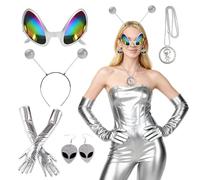 GTJEOI Costume d'Alien pour Femme, 5 Pcs Alien Costume Accessoires avec Bandeau Extraterrestre, Lunettes et Gants, Accessoires Brillants, Costume d'Alien pour Carnaval Fête à Thème Cosplay