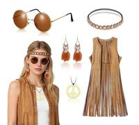 GTJEOI Costumes Hippie Tenues pour Femmes, Ensemble de Costume Hippie Femme Année 70 et 60, Gilet à Franges Sans Manches et Accessoires, Deguisement Hippie Femme Annee 70 pour Carnaval
