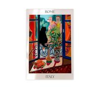 GTJKSX Impression sur toile colorée représentant un chat dans une fenêtre de Rome méditerranéenne - Décoration de chambre à coucher, bureau, chambre, cadeau - 50 x 75 cm