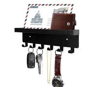GTK Porte-clés mural avec plateau et 6 crochets, pour couloir, porte-clés avec étagère pour le rangement du courrier (noir)