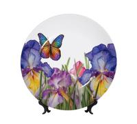 GTKSYNVE Assiettes décoratives en porcelaine anglaise avec présentoir en porcelaine anglaise et fleur d'iris - 20,3 cm - Ornements en céramique - Pour la maison et le bureau - Décoration murale