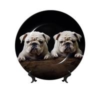 GTKSYNVE Assiettes décoratives en porcelaine anglaise avec support de présentation en porcelaine anglaise Motif petit bouledogue blanc 25,4 cm