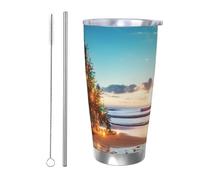 GTKSYNVE Christmas Tree on the beach - Gobelet isotherme en acier inoxydable avec couvercle anti-fuite et paille - Tasse à café de voyage en acier inoxydable sans BPA - Réutilisable - Pour extérieur