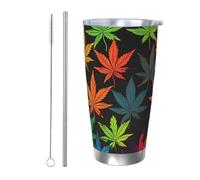 GTKSYNVE Colorful Gobelet isotherme sous vide en acier inoxydable avec couvercle anti-fuite et paille - Tasse à café de voyage en acier inoxydable, sans BPA - Réutilisable - Motif feuilles de cannabis
