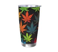 GTKSYNVE Colorful Gobelet isotherme sous vide en acier inoxydable avec couvercle anti-fuite et paille - Tasse à café de voyage en acier inoxydable, sans BPA - Réutilisable - Motif feuilles de cannabis