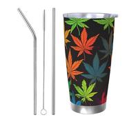 GTKSYNVE Colorful Gobelet isotherme sous vide en acier inoxydable avec couvercle anti-fuite et paille - Tasse à café de voyage en acier inoxydable, sans BPA - Réutilisable - Motif feuilles de cannabis