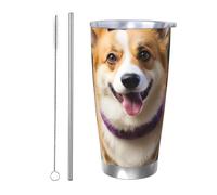 GTKSYNVE Dog Corgi Gobelet isotherme en acier inoxydable avec couvercle anti-fuite et paille, 591 ml, tasse à café de voyage de voyage, sans BPA, réutilisable pour extérieur