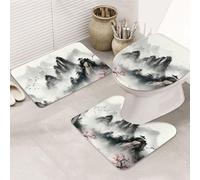 GTKSYNVE Ensemble de 3 tapis de salle de bain à l'encre style montagne avec couvercle de toilette, tapis de toilette en forme de U et tapis de bain absorbant en microfibre, séchage rapide, lavable en