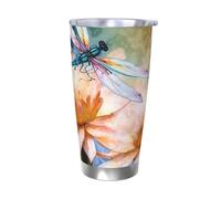 GTKSYNVE Flying Dragonflies Lily Flower Gobelet isotherme en acier inoxydable avec couvercle anti-fuite et paille - Tasse à café de voyage en acier inoxydable sans BPA - Réutilisable pour extérieur