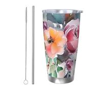 GTKSYNVE Gobelet isotherme sous vide en acier inoxydable avec couvercle anti-fuite et paille, motif bouquet d'angle de 591 ml, tasse à café de voyage, sans BPA, réutilisable pour extérieur
