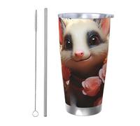 GTKSYNVE Gobelet isotherme sous vide en acier inoxydable avec couvercle anti-fuite et paille, motif de dessin animé Opossum and Roses, tasse à café de voyage de 591 ml, sans BPA, réutilisable pour