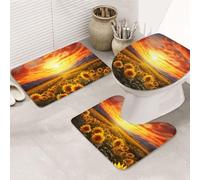GTKSYNVE Lot de 3 tapis de bain Dreamlike Sunset of A Sunflower Field avec couvercle de toilette, tapis de toilette en forme de U et tapis de bain absorbant en microfibre, séchage rapide, lavable en