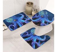 GTKSYNVE Lot de 3 tapis de salle de bain en forme de pieuvre bleue avec couvercle de toilette, tapis de toilette en forme de U et tapis de bain absorbant en microfibre, séchage rapide, lavable en