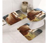 GTKSYNVE Lot de 3 tapis de salle de bain motif cheval marron avec couvercle de toilette, tapis de toilette en forme de U et tapis de bain absorbant en microfibre, séchage rapide, lavable en machine