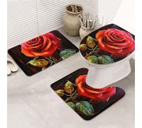 GTKSYNVE Red Rose Art Lot de 3 tapis de salle de bain avec couvercle de toilette, tapis de toilette en forme de U et tapis de bain absorbant en microfibre, séchage rapide, lavable en machine