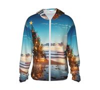 GTKSYNVE Veste légère UPF 50+ pour homme - Fermeture éclair intégrale - Sapin de Noël sur la plage - Protection solaire - Sweat à capuche à manches longues, noir, X-Large