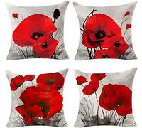 Gtohoo Lot de 4 Housse de Coussin Canapé Coquelicot Rouge rétro Taie Oreiller 45x45 cm Carrées Decoratif Housse Coussin Velours Housse Oreiller pour Exterieur Jardin Chaise Salon Chambre Lit