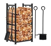 GTPBAO Porte Bûches 2 Niveaux Râtelier À Bûches avec Ensemble D'accessoires pour Foyer Extérieur, Support À Bûches Empilable pour Poêle À Bois, Fonte