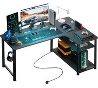 GTPLAYER Bureau d'angle Bureau Gaming avec étagère Chargeur USB et prise électrique (1 table), 120cm Table d'ordinateur en forme de L, table PC pour le bureau,