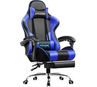 GTPLAYER Chaise de jeu, ergonomique, avec repose-pieds, appuie-tête, coussin lombaire rembourré, pivotant, bleu