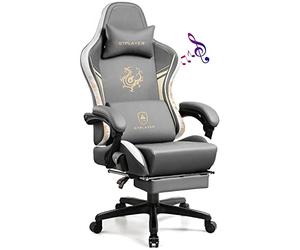 GTPLAYER Chaise Gaming, Ergonomique Chaise Bureau Dragon Series avec Haut-Parleur Bluetooth et Repose-Pieds Rétractable, Fauteuil pivotant en Cuir Joliment brodée, Inclinable, Supporte 150 kg, Gris