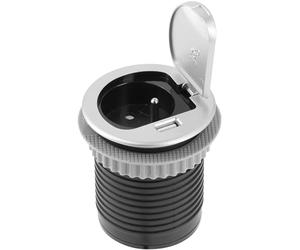 GTV - Prise encastrable CHARGER MINI 60 mm avec prise française Type E et port USB 2,4 A, station de charge encastrée pour bureau, cuisine et établi, coloris argent