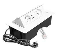 GTV Prise encastrable Multisoft blanche avec 2 prises de courant avec terre, USB A+C, RJ45, escamotable avec couvercle, câble de 1,5 m, pour cuisine, bureau, table de conférence et de travail