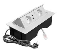 GTV Prise encastrable MULTISOFT blanche avec 2 prises Schuko, USB A+C, RJ45, escamotable avec couvercle, câble de 1,5 m, idéale pour le bureau, la table de conférence ou le plan de travail de cuisine