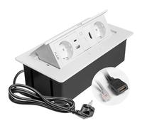 GTV Prise encastrable Multisoft blanche avec 2 prises Schuko, USB C, RJ45, HDMI 2.0, couvercle, rétractable, câble de 1,5 m, pour bureau, table de conférence, cuisine ou bureau à domicile
