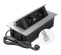 GTV Prise encastrable Multisoft en aluminium avec 2 prises de courant avec terre, USB A+C, RJ45, escamotable avec couvercle, câble de 1,5 m, pour cuisine, bureau, table de conférence et de travail