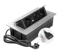 GTV Prise encastrable Multisoft en aluminium avec 2 prises de courant avec terre, USB A+C, RJ45, HDMI 2.0, escamotable avec couvercle, câble de 1,5 m, idéale pour la cuisine, le bureau ou la table de